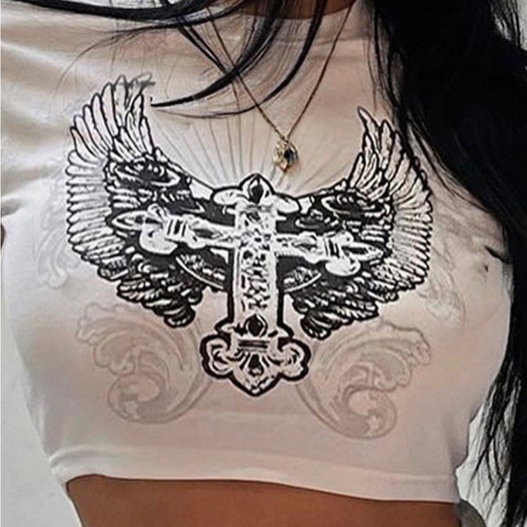 Wingled Cross Printed Crop Top - Picture 1 of 3